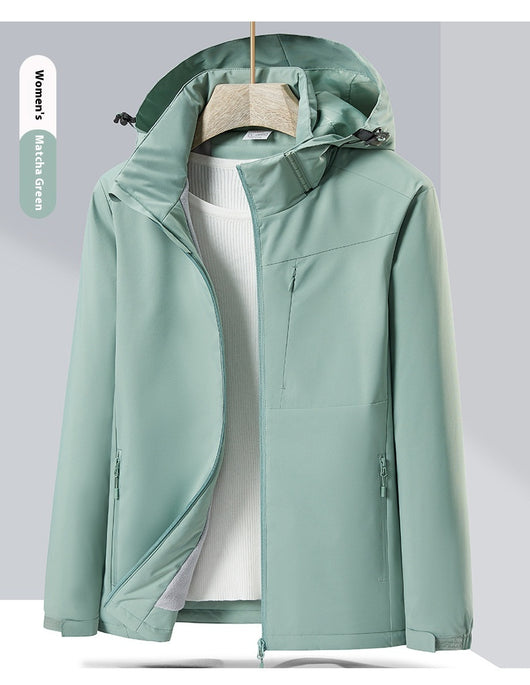 Lavender windproof sports jacket with a hood, full zipper, and fleece lining, shown on a hanger. - Image 36
