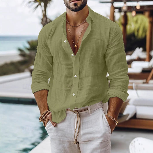 Camisa Casual de Algodón y Lino para Hombre - Manga Larga Color Sólido - Image 14