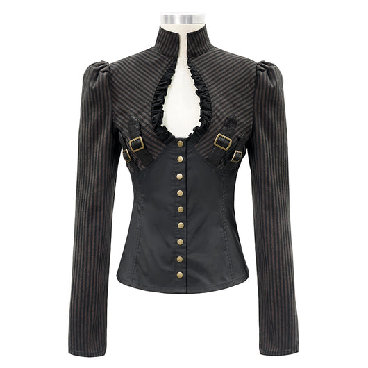 Camisa Vintage Patchwork con Cuello Parado Slim para Mujer - Image 4
