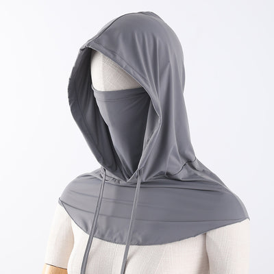 Light gray ice silk sun mask with full face coverage and an attached hood, featuring drawstrings for adjustment. - Image 6