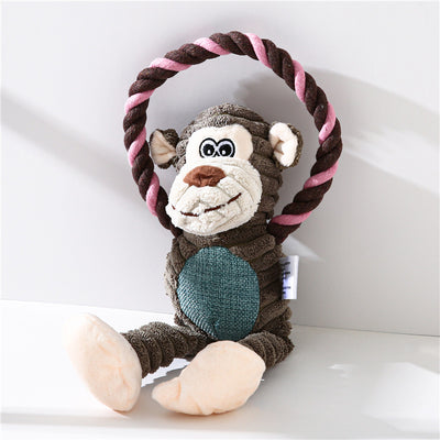 Gray plush elephant pet toy with ribbed texture and embroidered eyes, attached to a brown and blue braided rope ring. - Image 10