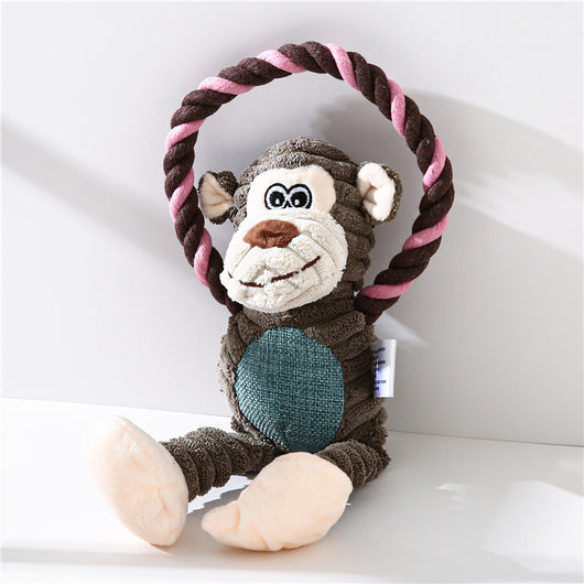 Gray plush elephant pet toy with ribbed texture and embroidered eyes, attached to a brown and blue braided rope ring. - Image 10