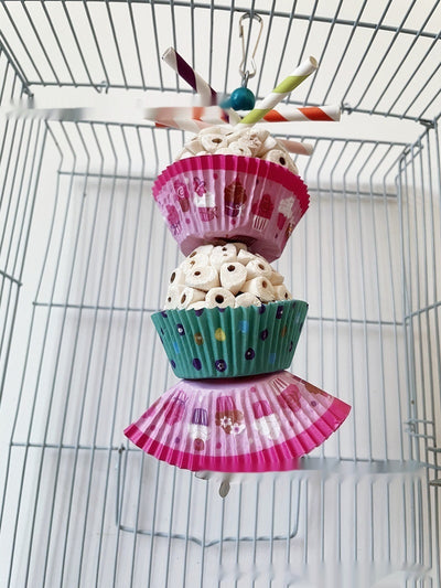 Two parrot shredding toys, shaped like cupcakes with paper straws, featuring colorful paper cups and a metal clasp. - Image 6