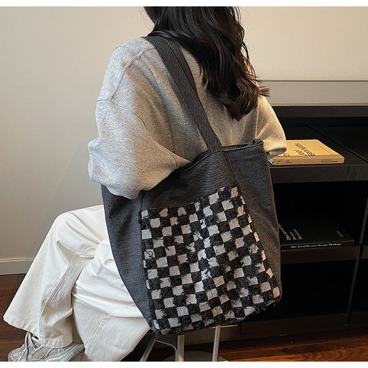 Bolsa Tote de Mezclilla Lavada con Patrón Escocés y Gran Capacidad - Image 17