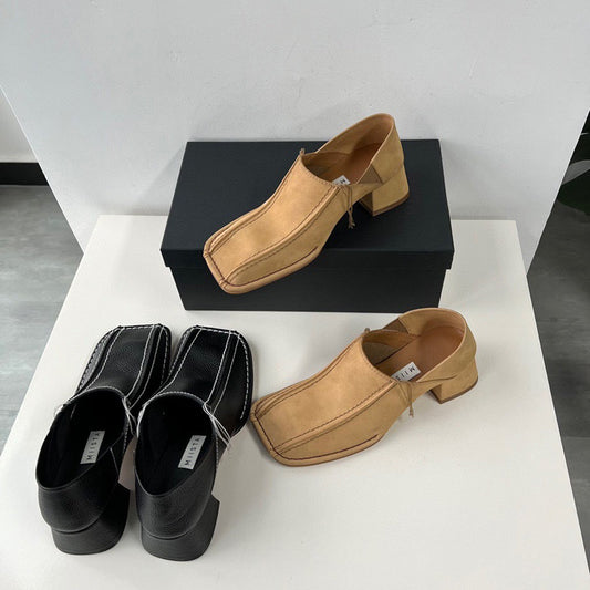 Zapato Retro Cuadrado Mujer Cuero Genuino Tacón Medio Grueso