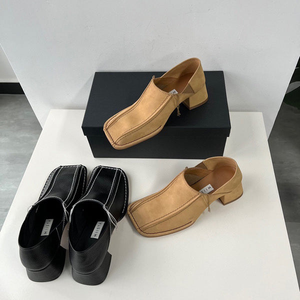 Zapato Retro Cuadrado Mujer Cuero Genuino Tacón Medio Grueso
