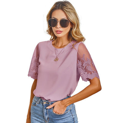 Blusa Casual de Encaje Manga Corta Cuello Redondo para Mujer - Image 4