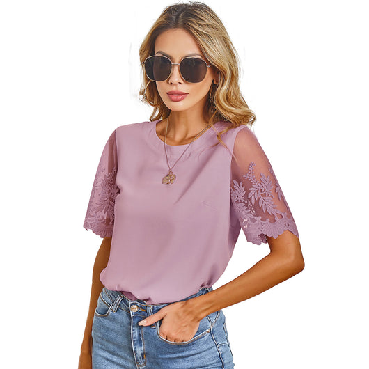 Blusa Casual de Encaje Manga Corta Cuello Redondo para Mujer - Image 4