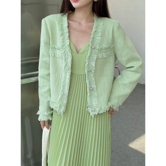 Chaqueta Perfumada Tweed Verde Temperamento Francés - Image 13