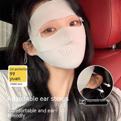 Light blue ice silk face mask with breathable perforations and adjustable ear loops for sun protection. - Image 2