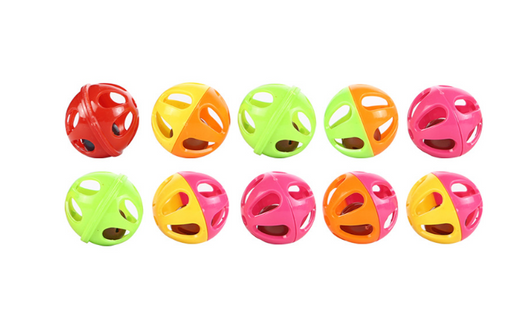 Orange and pink plastic bell toy ball for cats, with a kitten peeking from behind. Other color variations shown below. - Image 8