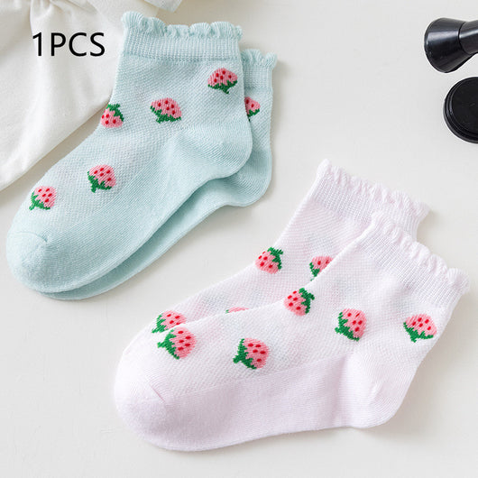 Calcetines Infantiles de Fresa Tubo Medio Niñas Tela Fina - Image 6