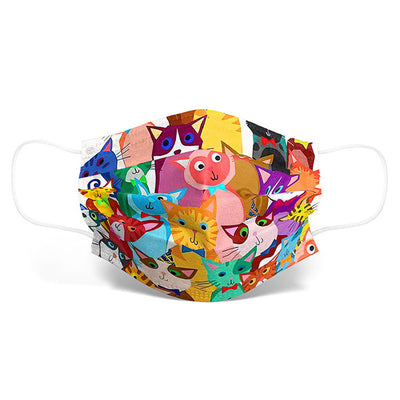 Disposable face mask with a colorful, artistic cartoon cat print and white ear loops. - Image 4