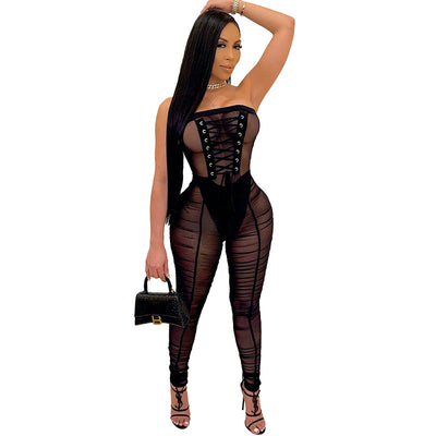 Jumpsuit Transparente con Malla y Cinturón Alto - Estilo Casual Sofisticado - Image 10