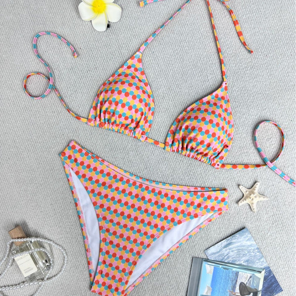 Colorful polka dot triangle-bra bikini swimsuit set with pink, yellow, orange, and blue dots.