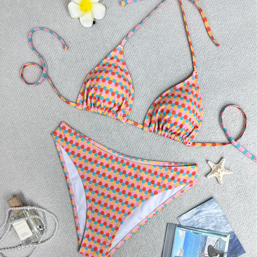Colorful polka dot triangle-bra bikini swimsuit set with pink, yellow, orange, and blue dots.