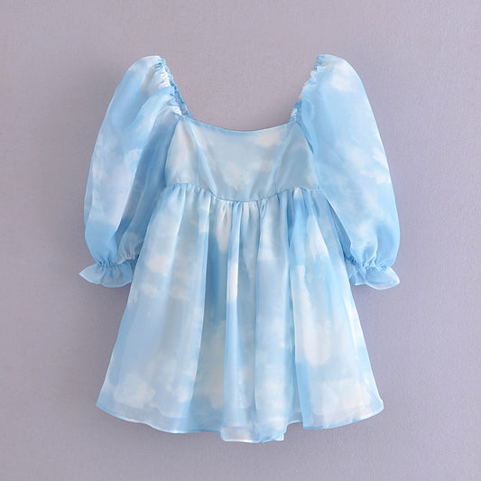 Vestido Azul Cielo con Mangas Abullonadas y Estampado Nube para Mujer