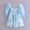 Vestido Azul Cielo con Mangas Abullonadas y Estampado Nube para Mujer