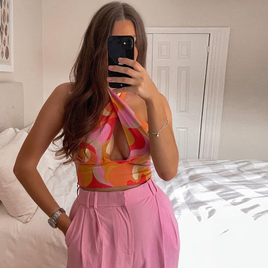 Blusa Lino Estampada Cuello Halter - Image 9