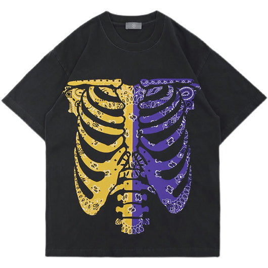 Camiseta Estampado Calavera Floral Cuello Redondo Efecto Desgastado Retro - Image 9