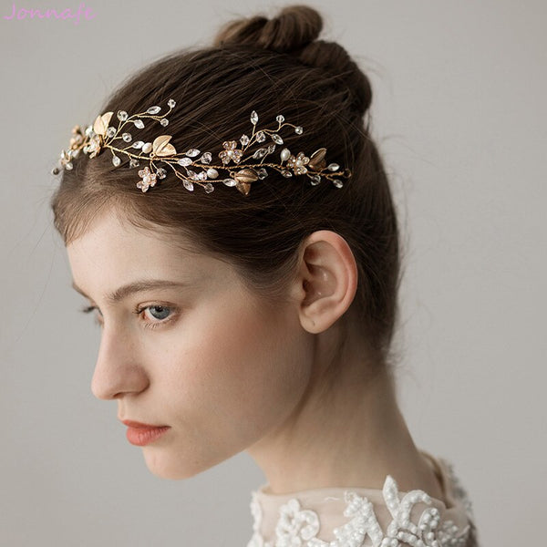 Diadema Nupcial Ramas de Cristal con Hojas Doradas - Diseño Elegante Natural