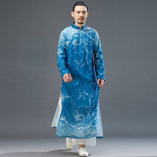 Bata Hanfu Azul Mejorada para Hombre con Cuello Mao y Mangas Largas - Image 9