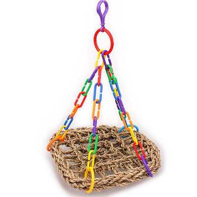 Colorful bird swing with a woven grass net and multi-colored plastic chains, designed for parrots and other birds.