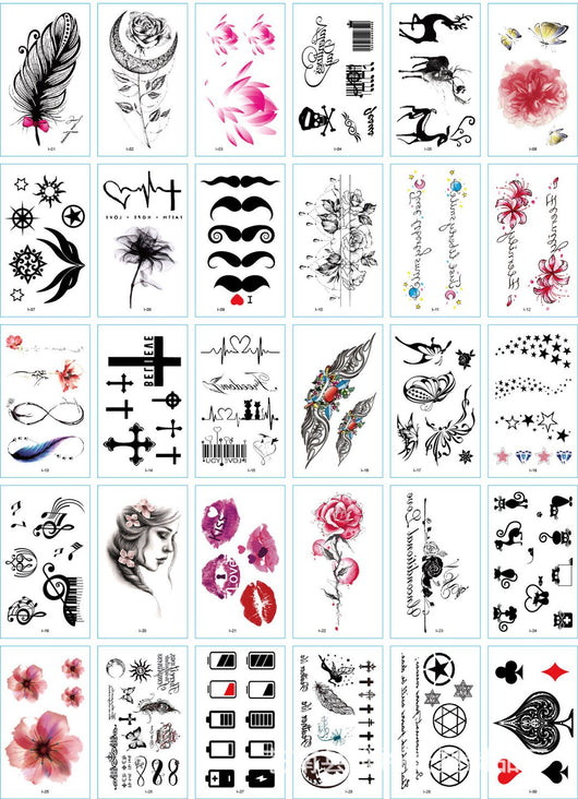 Set of 30 temporary tattoo stickers featuring pink and purple butterflies, flowers, bunnies, and moon designs. - Image 14