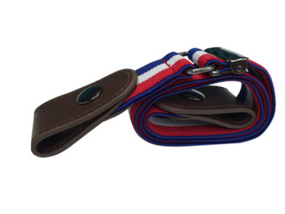 Red, white, and blue striped elastic stretch belt with brown leather-look ends and a silver-tone double buckle. - Image 14