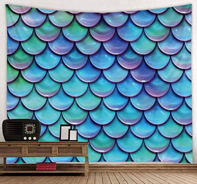 Mermaid scale tapestry in shimmering blue, green, and purple hues, hung on a wall above a wooden console table.