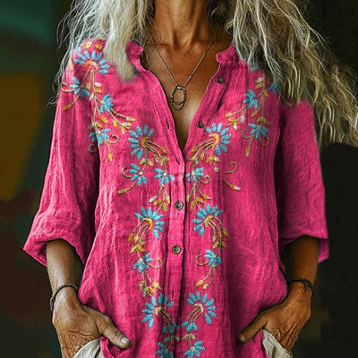 Camisa Casual de Algodón y Lino con Estampado Étnico Retro