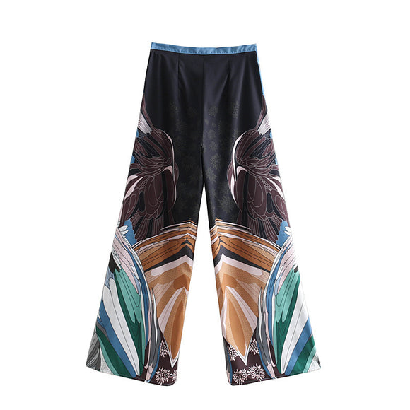 Pantalón Ancho Cintura Alta con Estampa Grúa Estilo Vintage Chino