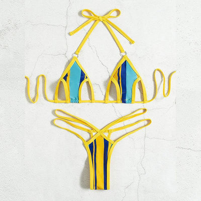 Women's blue and yellow striped two-piece swimsuit with a halter neck bikini top and strappy hollow-style bottoms. - Image 2