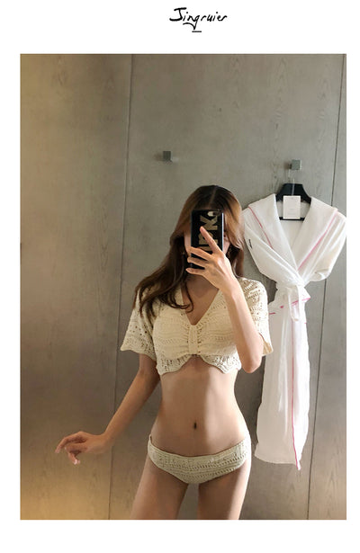 Bikini Tejido Beige con Mangas Cortas Divididas - Image 10