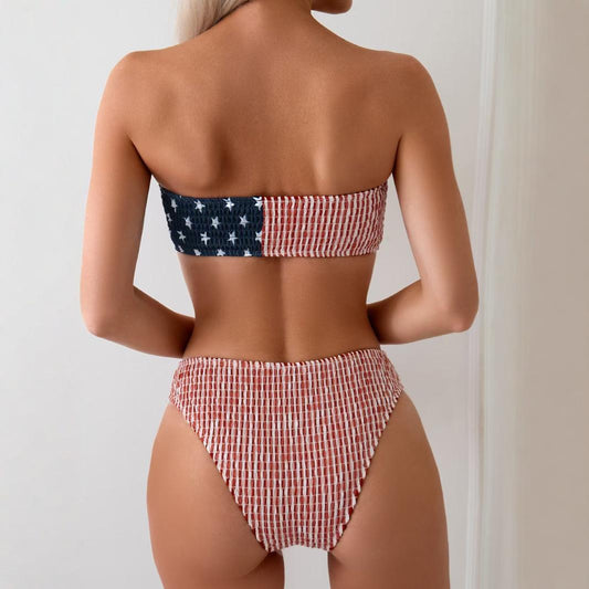 Women's two-piece bikini swimsuit with an American flag design, featuring a shirred bandeau top and high-waisted bottom. - Image 2