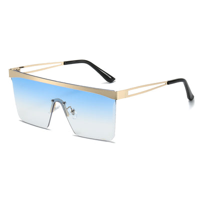 Gold frame square sunglasses with a one-piece gradient blue lens and black temple tips. - Image 4