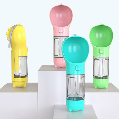 Four teal pet multi-functional water bottles, two with food boxes, in 300ml and 500ml sizes. - Image 30