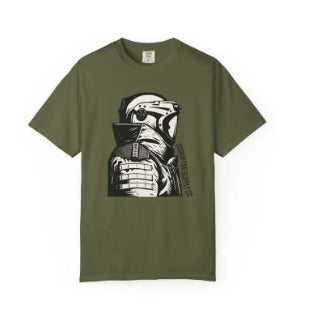 Army green short-sleeve t-shirt with a black and white graphic print of a person in a helmet and tactical vest. - Image 2