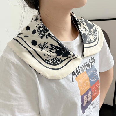 Female cream and black floral polka dot sun protection mask with ear loops, designed for eye corner protection. - Image 28