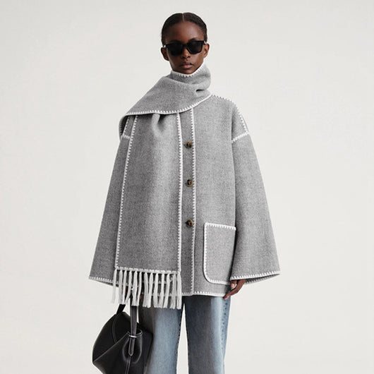Abrigo de Lana Suelto con Cuello Bufanda de Borlas para Otoño e Invierno - Image 8