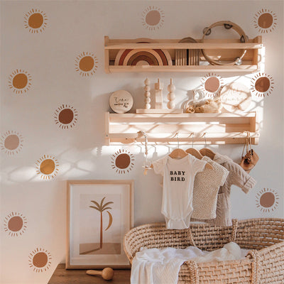 Three sheets of cartoon sun wall stickers, each with six sun designs in shades of brown and orange, showing dimensions. - Image 4