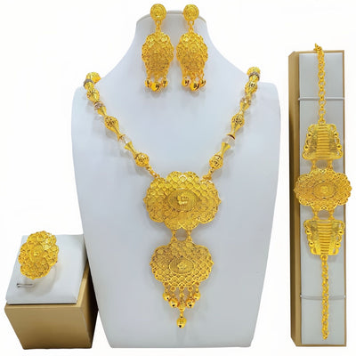 High-end gold-tone bridal wedding jewelry set with necklace, crescent earrings, ring, and bracelet, featuring intricate patterns and clear beads. - Image 14