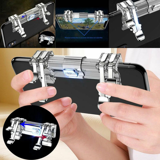 Silver mobile game trigger attached to a black smartphone, enhancing control for faster gaming. - Image 7