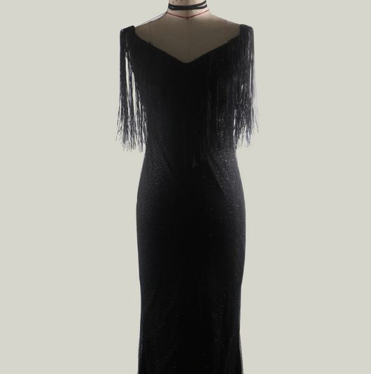 Vestido Largo Negro con Lentejuelas - Escote en V Ajustado - Image 5