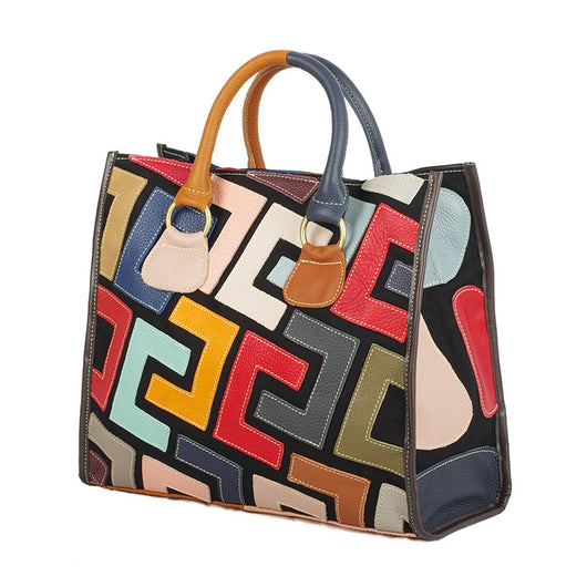 Bolso Crossbody de Cuero con Patrón Geométrico y Contraste de Colores