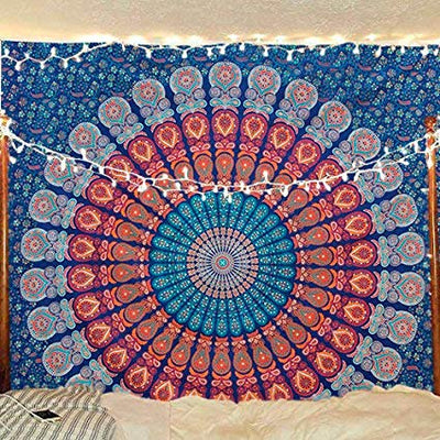 Blue, orange, and red mandala tapestry with intricate floral patterns, ideal for wall decor or dorm rooms. - Image 10