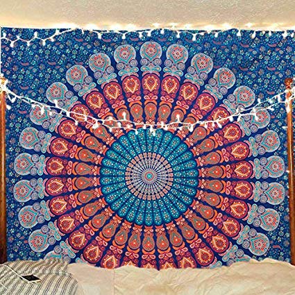 Blue, orange, and red mandala tapestry with intricate floral patterns, ideal for wall decor or dorm rooms. - Image 10