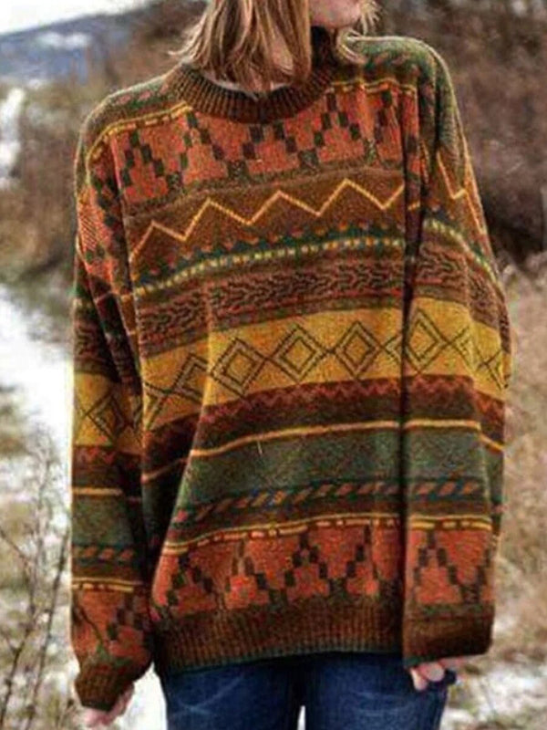 Suéter Tejido Multicolor con Diseño Jacquard Retro - Cuello Redondo Estilo Nacional