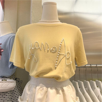 Camiseta Suelta Cuello Redondo con Perlas y Letras Estampadas