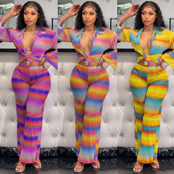Traje de Pantalón Plisado Estampado con Stretch para Mujer